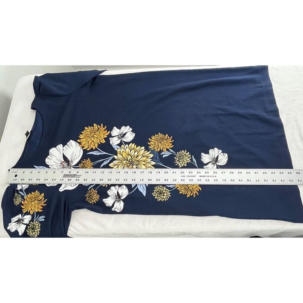 Ann Taylor Womens Shift Dress Large Petite Navy Blue Floral Puff Sleeve Stretch - Picture 5 of 5